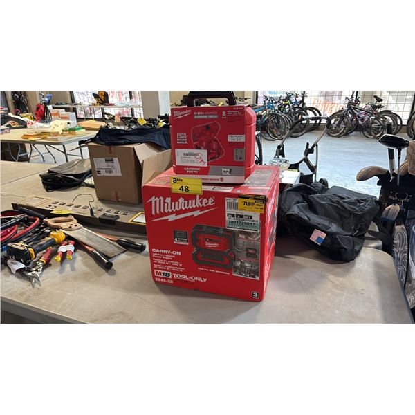 MILWAUKEE CARRY ON 3600W POWER SUPPLY (NO BATTERIES) AND BIG HAWG PLUMBERS HOLE SAW KIT