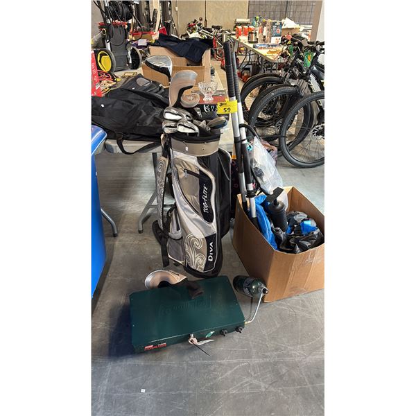 TOP FLIGHT GOLF BAG, CLUBS, COLEMAN STOVE AND RAFT
