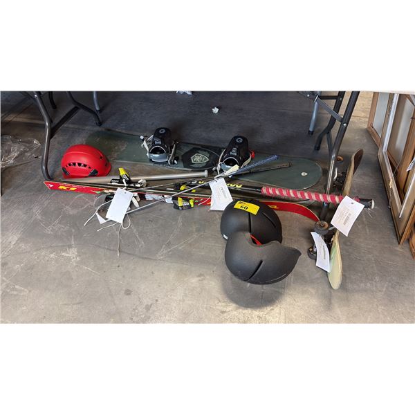 SPORTS LOT INCLUDING SNOWBOARD, SKIS, SKATEBOARD AND HELMETS