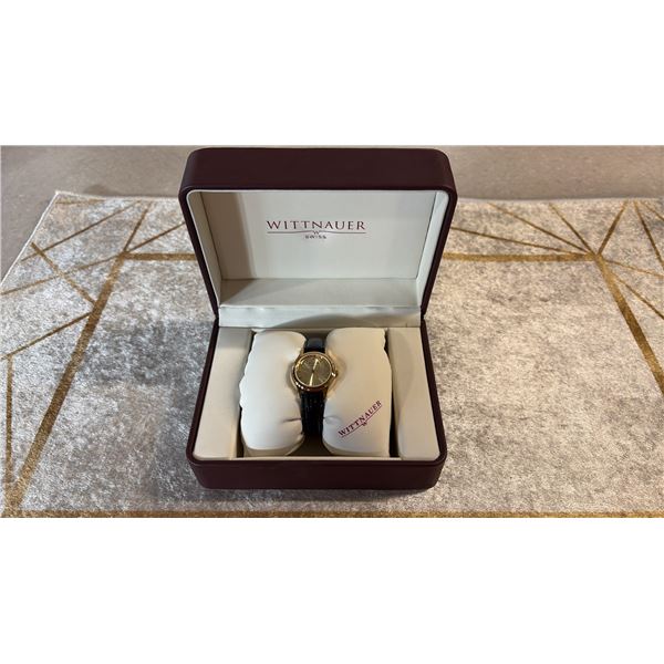 LADIES WITTNAUER SWISS WATCH IN BOX WITH BLACK LEATHER STRAP