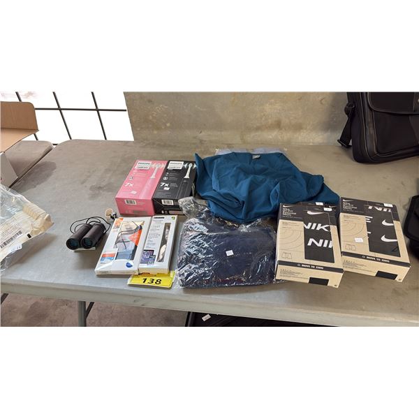 2 ELECTRIC TOOTH BRUSHES, BINOCULARS AND ASSORTED CLOTHING