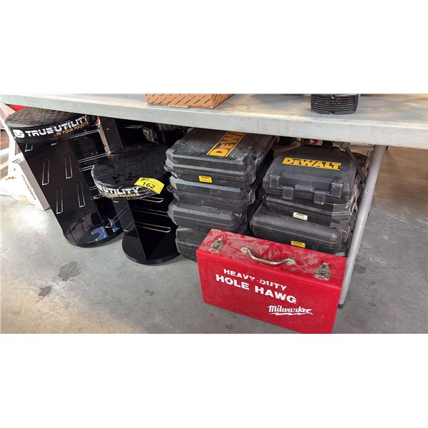 4 ROTATING HOOK DISPLAY RACKS, TOOL CASES AND MORE