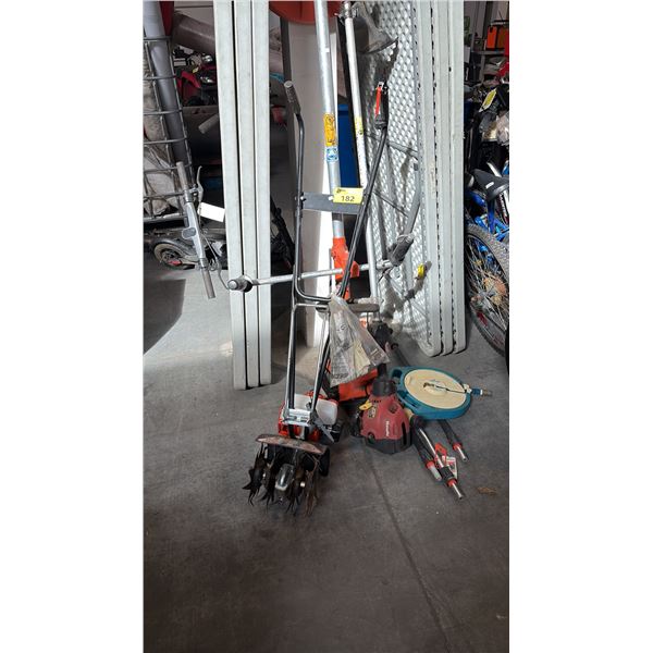 ASSORTED COMMERCIAL-GRADE GARDEN TOOLS INCL GAS POWERED TILLER AND MORE