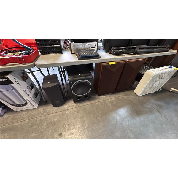 ASSORTED SPEAKERS INCL PANASONIC SB-W280 SUBWOOFER, WARRANTZ SPEAKER BOXES, AV CABINET AND MORE