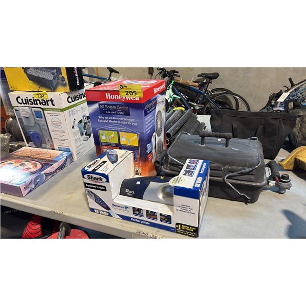CHAR-BROIL PORTABLE TABLETOP PROPANE BARBEQUE, HONEYWELL ALL SEASON HEATER/FAN AND SHARK HAND VAC