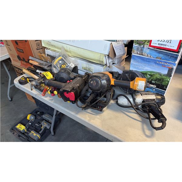 LOT OF HAND TOOLS, PNEUMATIC NAILERS, IMPACT WRENCH, MELNOR AQUA TIMER AND MORE