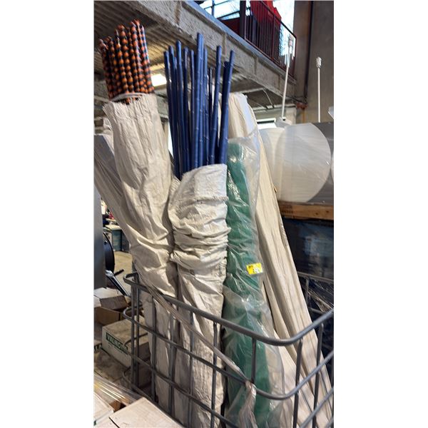 WRAPED ELECTRICAL TAPE BAMBOO POLES, 1 ROLL OF GREEN PLASTIC NETTING AND A METAL CRATE