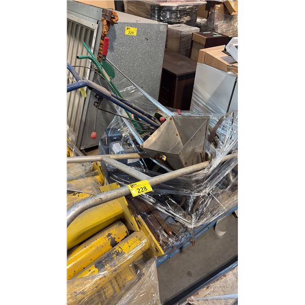 PALLET OF MACHINERY INCL POWER TRIM, BRIGGS & STRATTON SICKLE BAR MOWER AND MORE