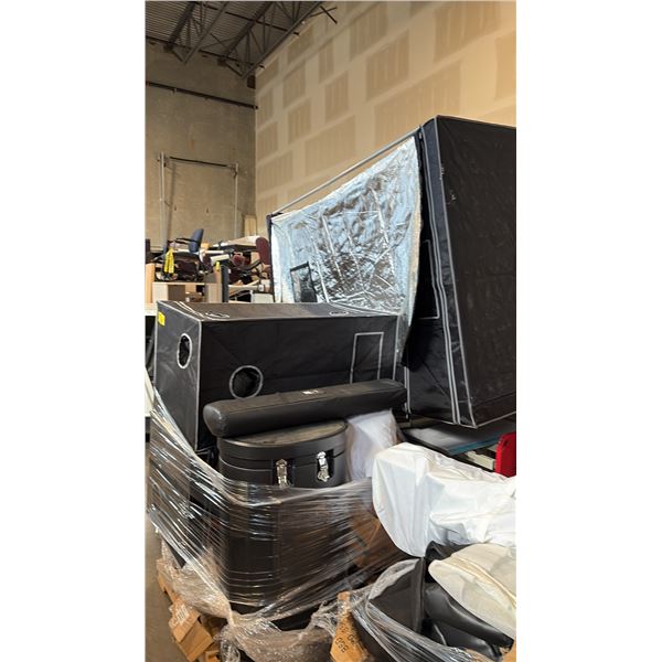 3 PALLETS OF MIXED ITEMS INCL INDOOR GROW TENTS, 6 HARDSHELL MOLDED PLASTIC DRUM CASES, MR HEATER