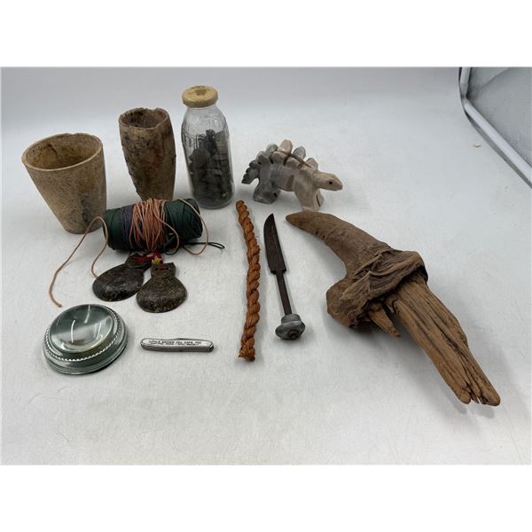 Smalls Lot w/ Carved Stone Dinosaur, Driftwood, & More