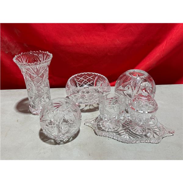 Lot of Crystal w/ Creamer & Sugar Set, Vase, Bowl, & More
