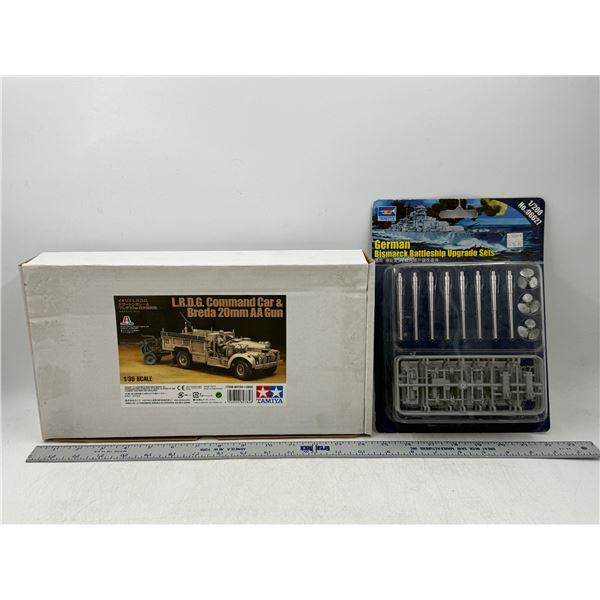 Unbuilt Tamiya LRDG Command Car & Breda 20mm AA Gun Model Kit & Battleship Upgrade Set