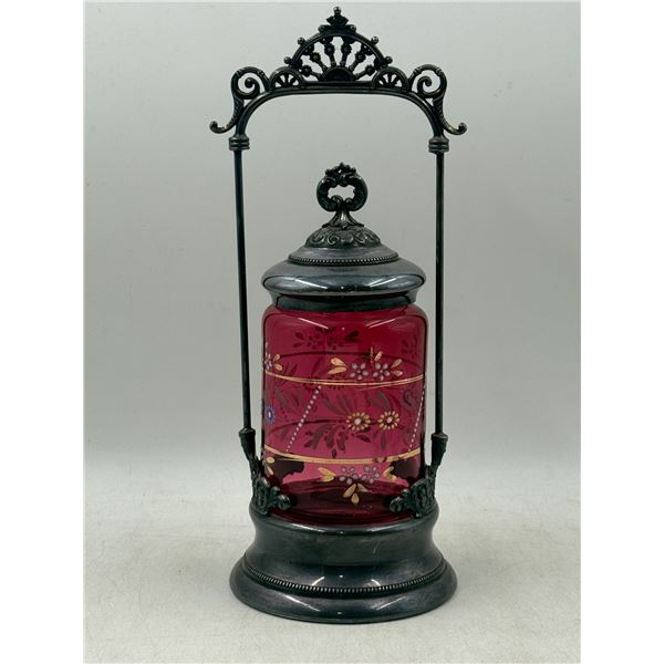 Forbes Silver Co. Cranberry Glass Pickle Caster