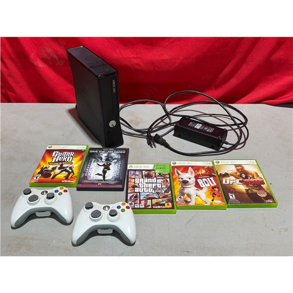 XBOX 360 Console, 2 Controllers, & Assorted Games (Guitar Hero, GTA, etc.)