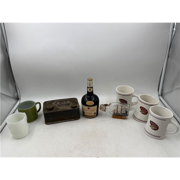 VTG Variety Lot w/ Ship in Bottle, A&W Coffee Mugs, Cognac Bottle Cigarette Holder, & More