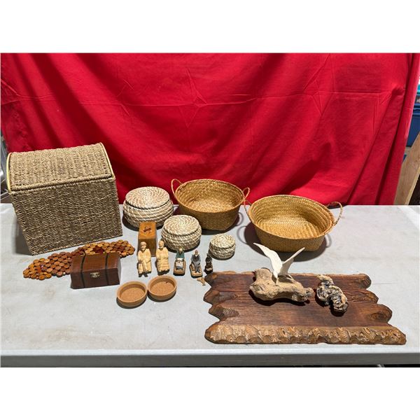 Home Decor Lot w/ Wicker Baskets, Figurines, Bird Decor, & More