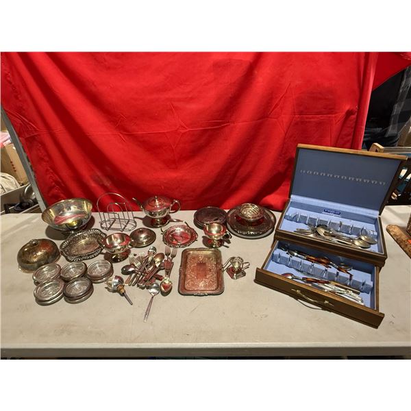 Lot of Assorted Silver-Plated Serving Ware & Assorted Cutlery