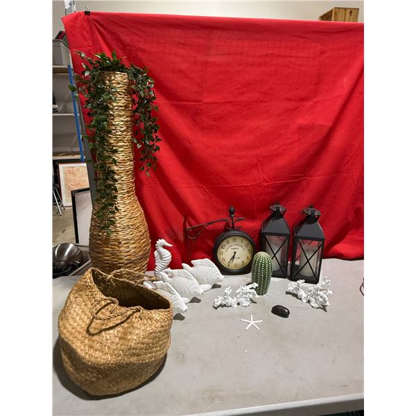 Home Decor Lot w/ Wicker Basket, Ocean-Themed Decor, 2 Lanterns, & More