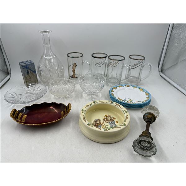 Crystal, Ceramic, & Glass Lot w/ Decanter, Doorknob, Nursery Dish, & More