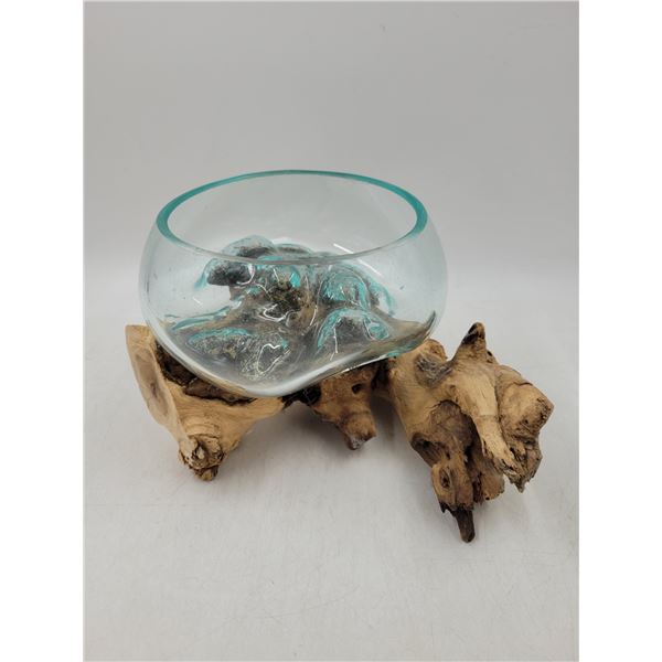 Hand-Blown Glass Bowl w/ Driftwood Base