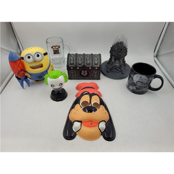 Collectibles Lot w/ Iron Throne, A&W Rootbeer Mug, Goofy Mask, & More