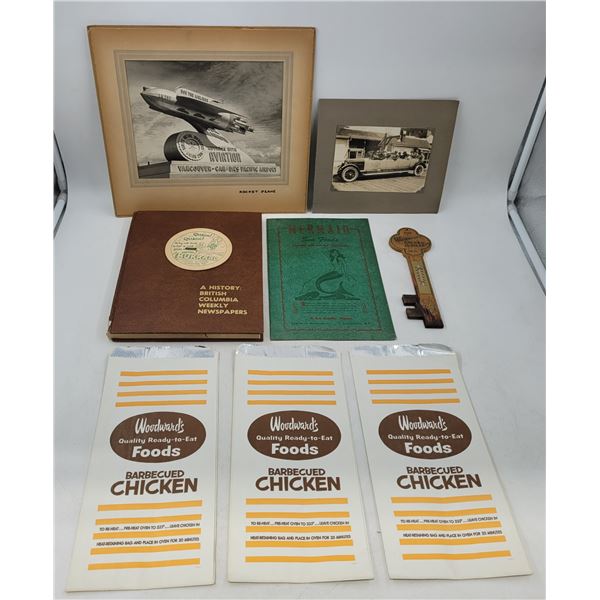 VTG Lot w/ Woodward's Food Bags, Automobile/Aviation Prints, BC Newspaper Book, & More