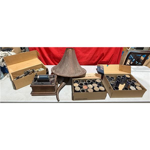 Phonograph Lot w/ Edison Fireside Phonograph, Edison Horn, Edison Cylinder Records, & More