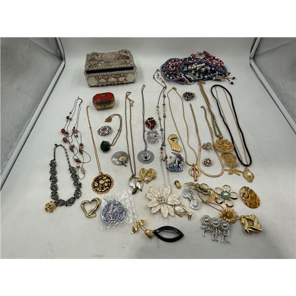 Lot of Assorted VTG Jewelry & Seashell Jewelry Box