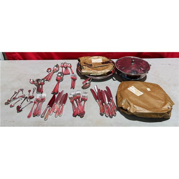 Lot of Souvenir Spoons, Assorted Cutlery, & Silver-Plated Serving Dishes