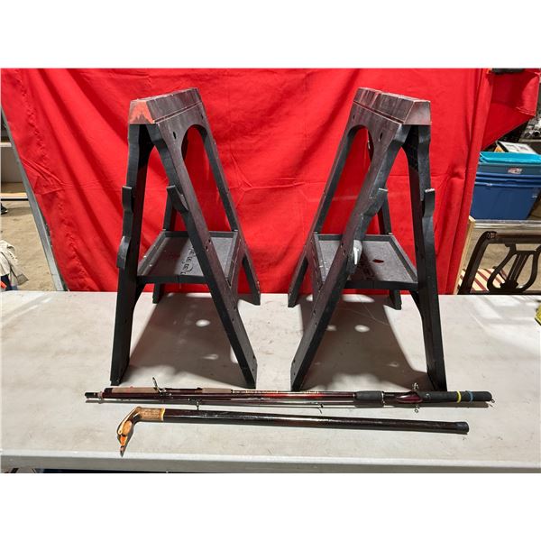 Sawhorses, Fishing Rod, & Duck Handle Walking Stick