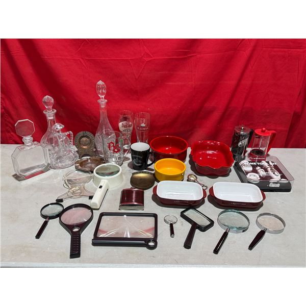 Glass & Ceramic Lot w/ Decanters, Wine Tool Kit, Coffee Press, Baking Dishes, & More