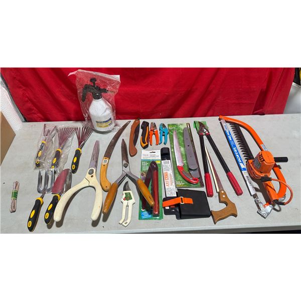 Garden Tool Lot w/ Pruning Shears, Garden Shovel, Pruning Saw, & More