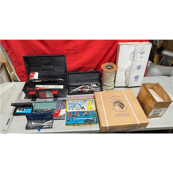 Assorted Tool Lot w/ Socket Sets, Toolbox, Tape Measure, Strap Ties, & More