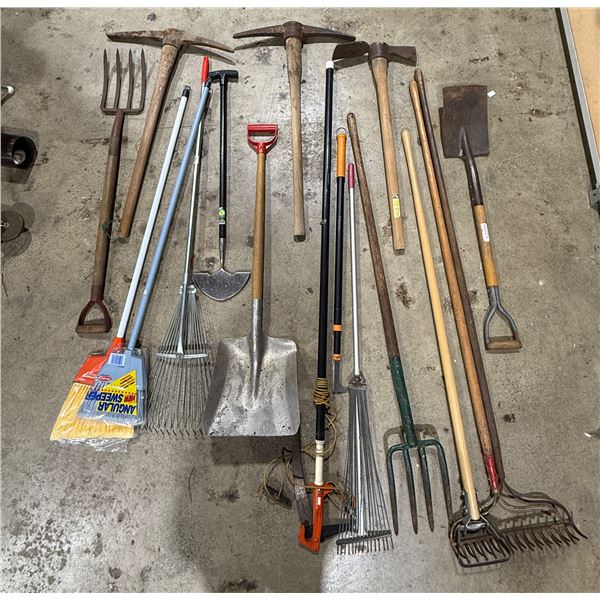 Outdoor Tool Lot w/ Rakes, Shovels, Pitchfork, Pickaxe, & More