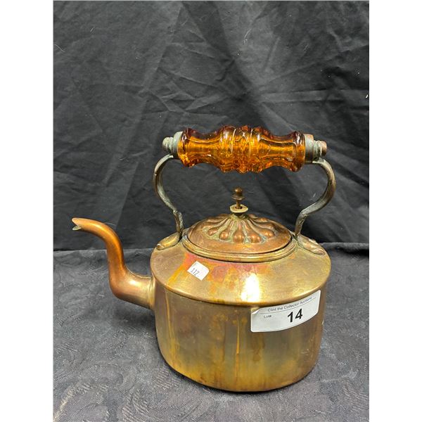 Rare 1850s copper kettle with glass handle 10" tall