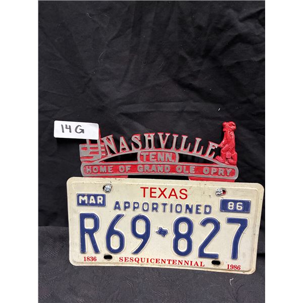 Texas license plate with Nashville Grand Ole' Opry plate topper