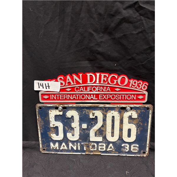 1936 Manitoba license plate with San Diego topper