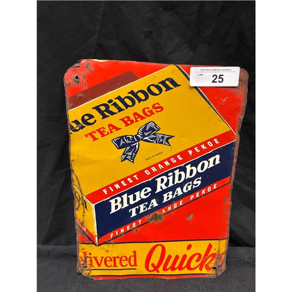 Very vintage Blue Ribbon tea ad on tin cut from larger sign 13"x11"