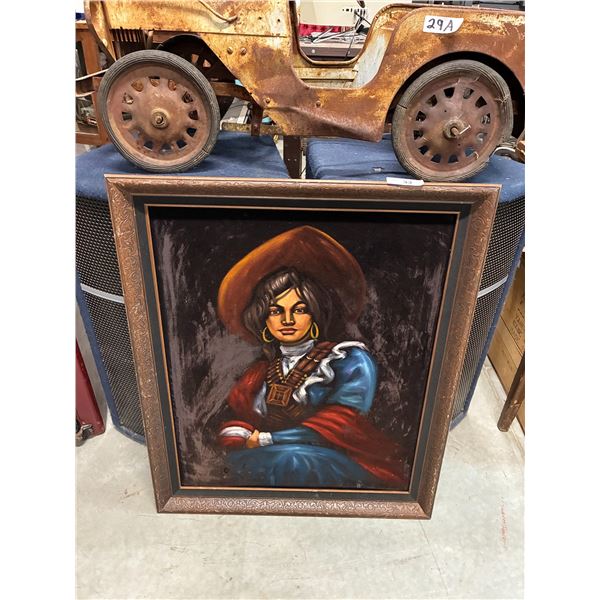 Vintage large pretty Spanish lade velvet painting 34"x28"