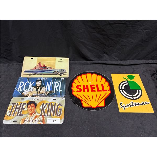 3 Elvis Presley novelty plates, tin Shell sign & tin Sportsman sign
