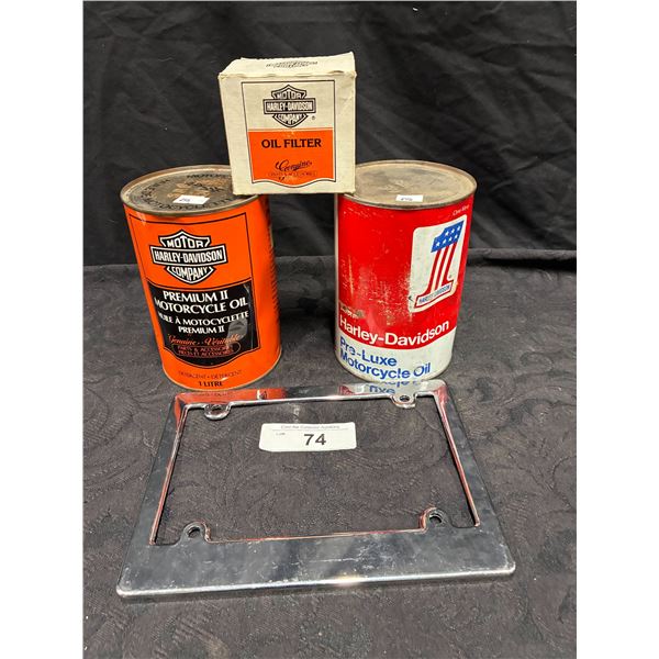Harley Davidson collectible lot inc. license plate holder, Harley oil tins and oil filter box only