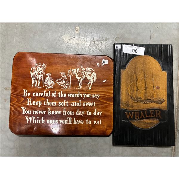 2 wooden signs, horse and whaler