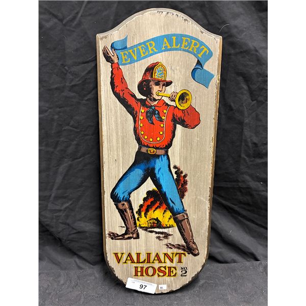 Large wooden plaque with vintage fireman image, 23"x9"