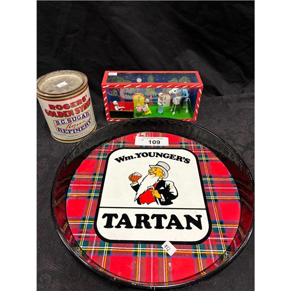 Collectable lot inc Tartan beer tray, Rogers Golden Syrup tin, & Skeleton figures scene