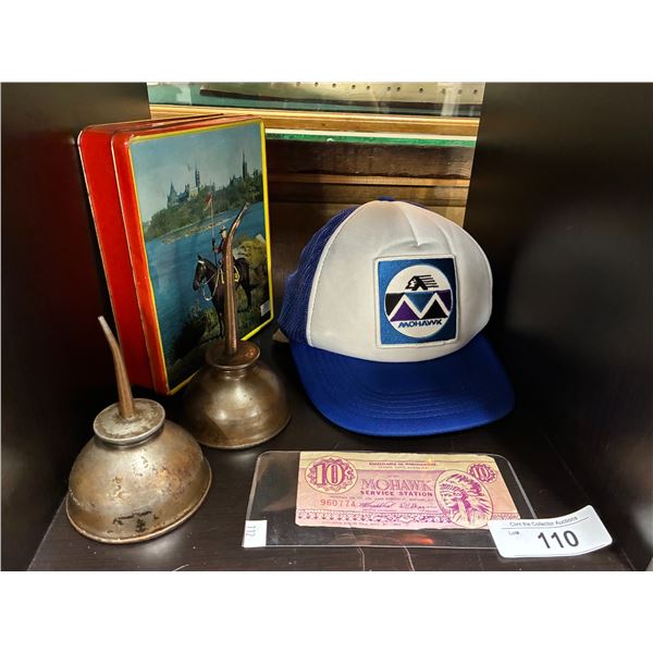 Collectable lot inc Mohawk trucker hat & Mohawk money, 2 vintage oilers, & confectionary tin