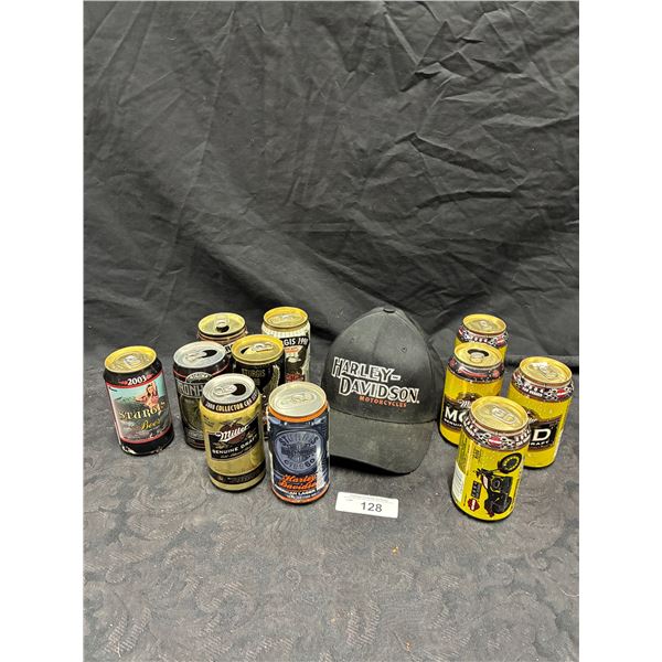 11 Harley Davidson beer cans, some full some empty, & hat