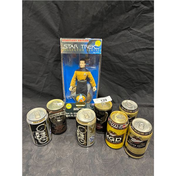 7 full Harley Davidson Sturgis beer cans & Star Trek Data figure