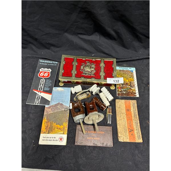Vintage metal box with insulators & gasoline memorabilia