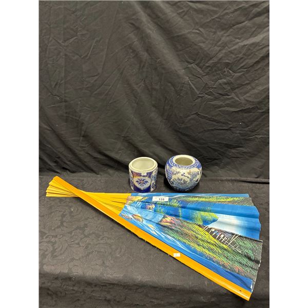 2 vintage ginger jars vases & fan