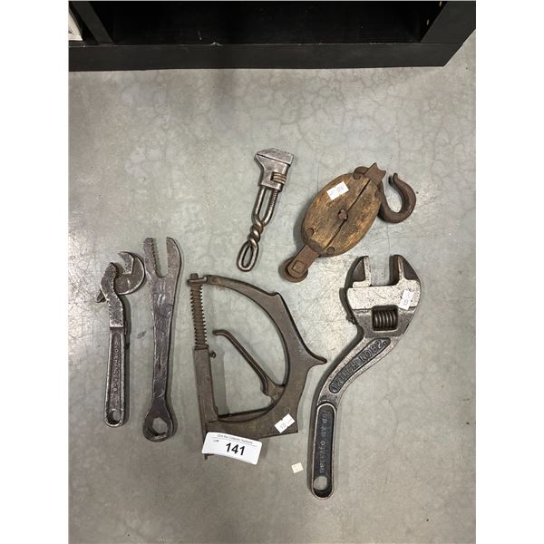 6 piece antique tools with pulley